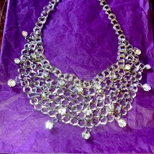 Silver mesh bib necklace with rhinestones